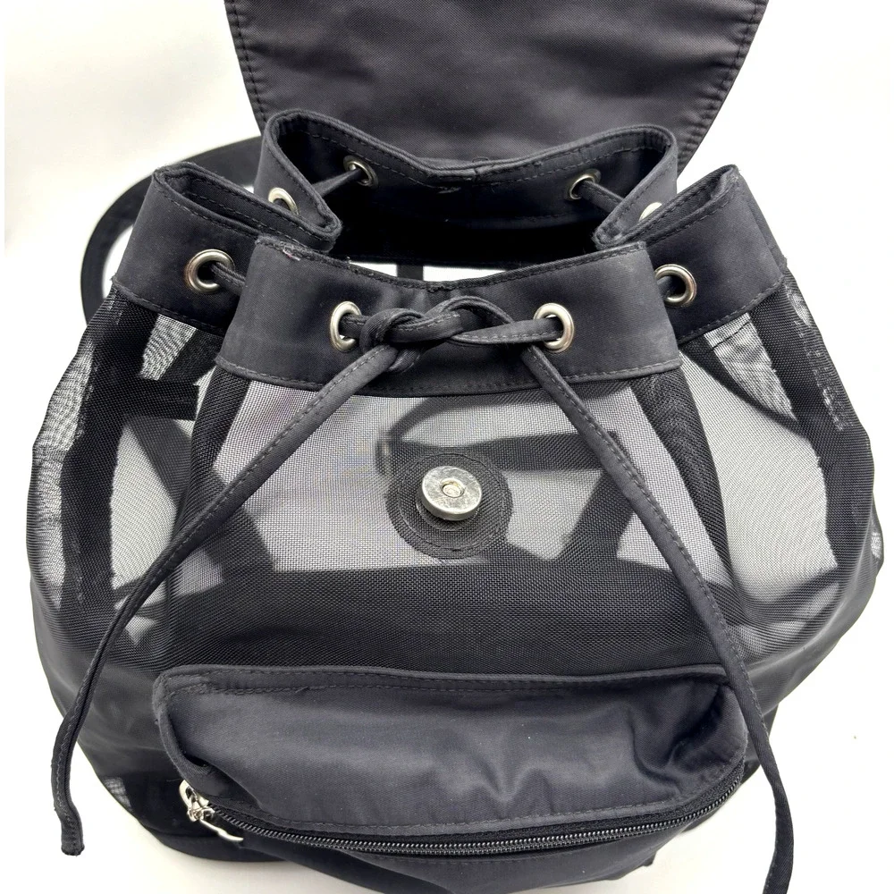 Vintage 00s Y2K EXPRESS Black Nylon See-through Mesh Drawstring Backpack 13x11